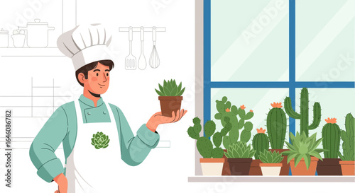 Chef with succulent pot, kitchen setting with cacti by the window and culinary elements