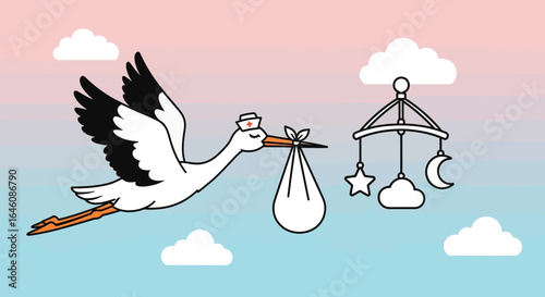 Cartoon stork delivering a baby mobile against a pastel sky representing new life and parenting joy