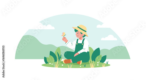 Child And Butterfly In Nature Illustration On Landscape Background Flat Vector