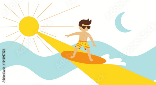 Cartoon surfer enjoying sunny day on the beach with a bright sun and ocean waves in the background
