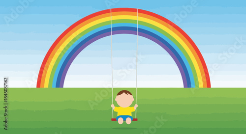 Childhood innocence and happiness represented by a boy swinging under a rainbow of hope and joy