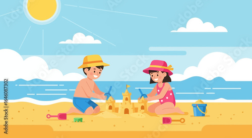 Children enjoying a summer day by building a sandcastle on the beach with hats