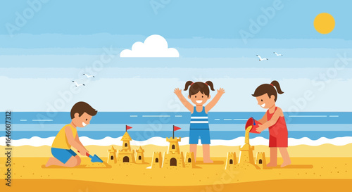 Children enjoying summer vacation building sandcastles on the beach near the sea showing the joy of carefree childhood moments