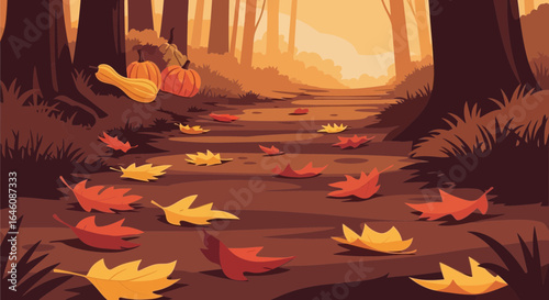 Autumnal forest scenery with falling leaves pumpkins and a serene pathway creating a whimsical and inviting outdoor illustration