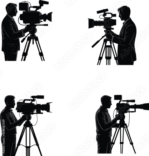 Silhouette of professional videographers with cameras on tripods, capturing footage, ideal for media production, film industry, broadcasting, video recording, illustration