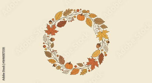 Autumnal Foliage Wreath Border Featuring Pumpkins And Acorns For Seasonal Designs