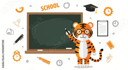 Cartoon tiger teaching at the blackboard, learning and education concept with stationery back to school funny design great for kids