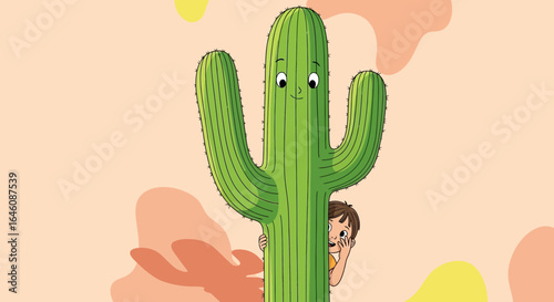 Child's Playful Hide and Seek with a Smiling Cartoon Cactus in the Desert Landscape