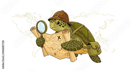 Cartoon turtle explorer with map and magnifying glass embarks on adventures to unknown places