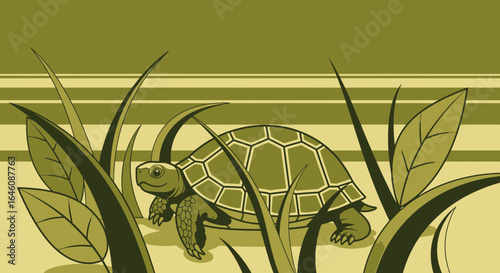 Cartoon turtle hiding among tall grasses in a striped background illustration