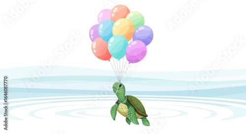 Cartoon turtle soaring through the sky propelled by a colorful bunch of helium balloons creating a whimsical and uplifting image