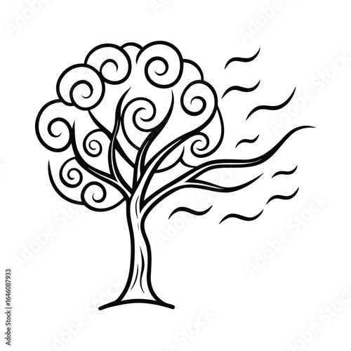 Stylized tree silhouette swaying gently in a windy breeze