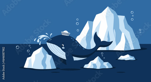 Cartoon whale with a sailor hat surrounded by icebergs in the ocean illustration