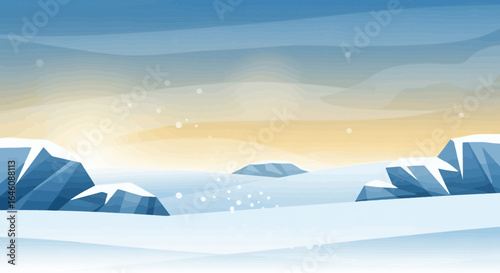 Cartoon winter landscape with icebergs and snow, Arctic scene illustration