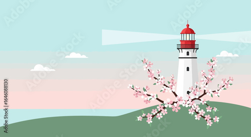 Coastal Beacon Adorned With Spring Blossom On Serene Hillside Landscape