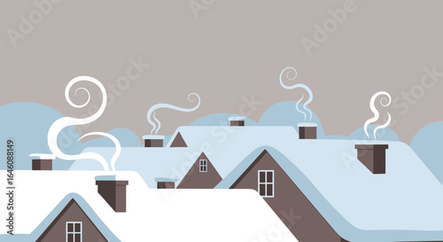 Cartoon winter landscape with snow-covered rooftops, chimneys, and rising smoke vector illustration showcasing seasonal charm