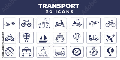 Vector art of transport icons isolated on white background featuring airplanes, bicycles, ships, and other vehicles
