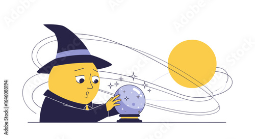 Cartoon wizard character gazing into a glowing crystal ball surrounded by cosmic energy