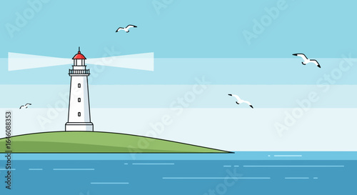 Coastal Scene With White Lighthouse And Seagulls Flat Design Illustration