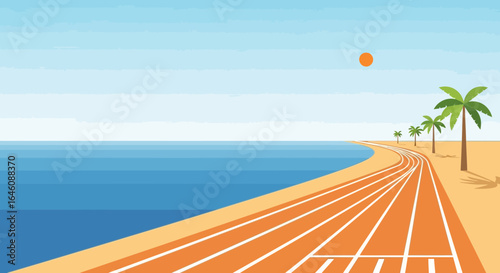 Coastal running track with palm trees, offering a unique athletic experience, blue ocean