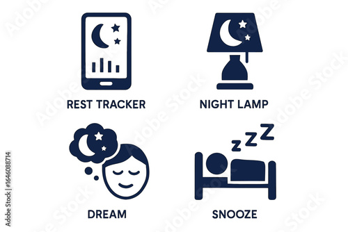 Sleep icons: rest tracker, night lamp, dream, snooze symbols for relaxation