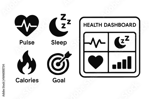 Health dashboard icons: pulse, sleep, calories, goal tracking symbols