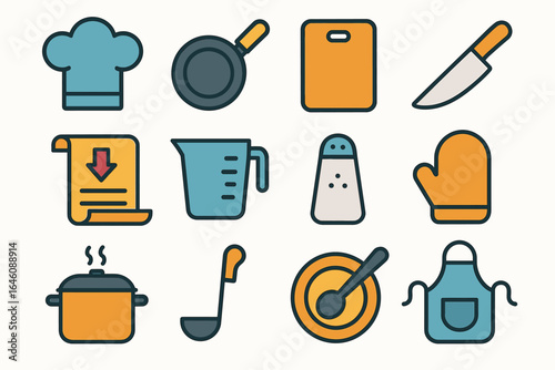 Colorful kitchen icons featuring utensils, cookware, and apparel for cooking enthusiasts