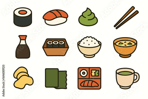 Icon set of japanese cuisine with sushi, rice, miso soup, and tea