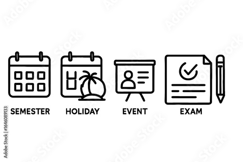 Semester planning: holiday, event, and exam preparation icons