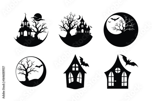 Spooky scene silhouette vector illustration black halloween artboard