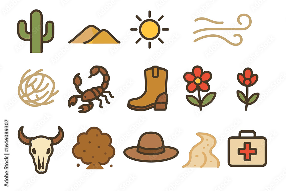 Obraz premium Desert icons: cactus, sand, sun, wind, tumbleweed, scorpion, cowboy boot, flowers, skull, hat, medicine