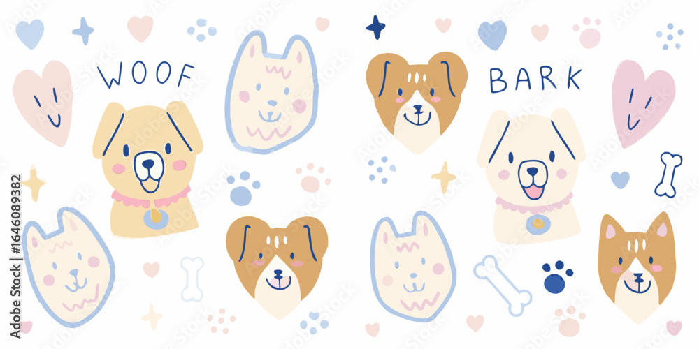 Fototapeta premium Cute kawaii dog faces and paw prints pattern