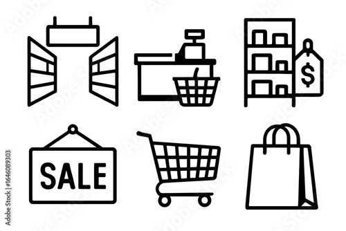 Shopping cart icons: retail checkout, sale signs and shelves