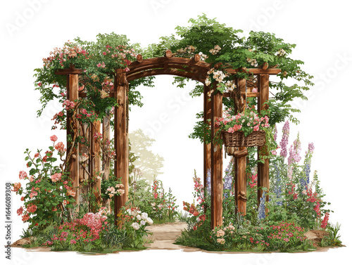 Fototapeta Naklejka Na Ścianę i Meble -  Rustic wooden garden archway illustration with climbing pink roses and lush foliage.