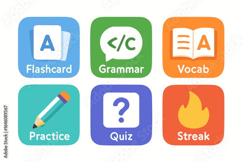 Colorful language learning app icons for flashcard, grammar, vocab, practice, quiz, streak