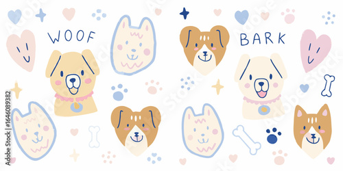 Cute kawaii dog faces and paw prints pattern