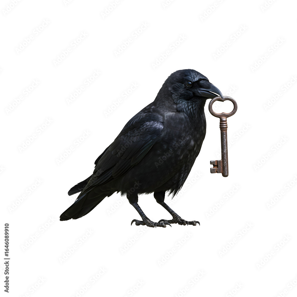 Fototapeta premium Black crow holding key in beak isolated on white background for mystery, gothic, and symbolic fantasy concepts