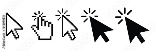 Vector art of various computer mouse cursors and pointers, including arrow cursors and hand cursors, for clicking and selecting items in a digital environment isolated on white background