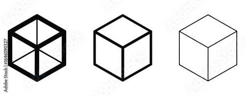Vector art of geometric cube illustrations isolated on white background, showcasing different perspectives and styles, perfect for design, mathematics, and abstract representation in various 