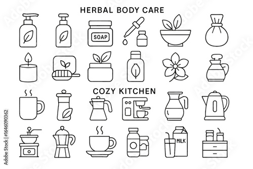 Outline icons of herbal body care and cozy kitchen essentials