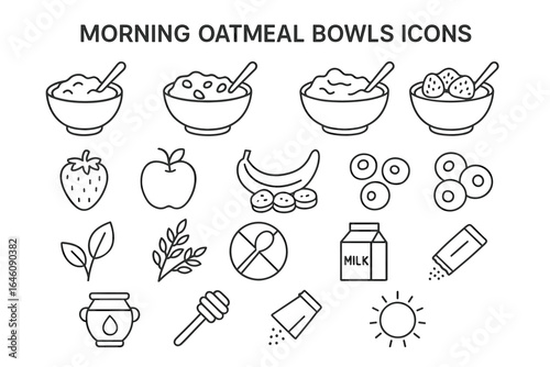 Morning oatmeal bowls with fruit and ingredient icons in line art style