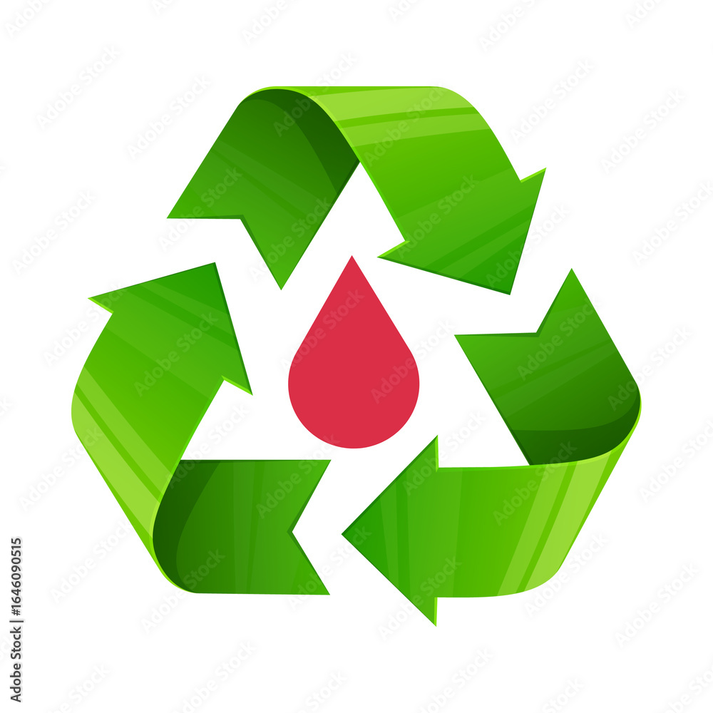 Obraz premium Green recycling symbol with red blood drop isolated on transparent background