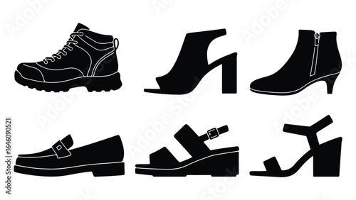 Vector art of collection of stylish womens shoes isolated on white background, showcasing various designs including boots, heels, sandals and loafers, perfect for any occasion and fashionfor ward 