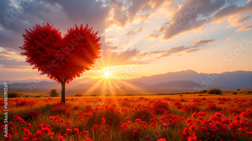 Roter herzförmiger Baum im Sonnenuntergang über Blumenfeld - Wallpaper Design - Harmonisches Hintergrundbild
