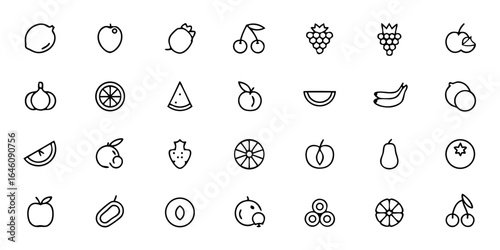 Citrus & Berries Line Art Vector Icons — Orange, Lemon, Lime, Grapefruit, Strawberries, Blueberries & Pomegranate Symbols for Juice Packaging, Organic Farms & Summer Recipes

