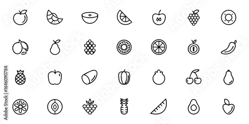 Tropical & Exotic Fruits Line Art Vector Icons — Pineapple, Mango, Coconut, Dragon Fruit, Guava & Starfruit Symbols for Juice Bars, Farmers’ Markets & Tropical Food Branding

