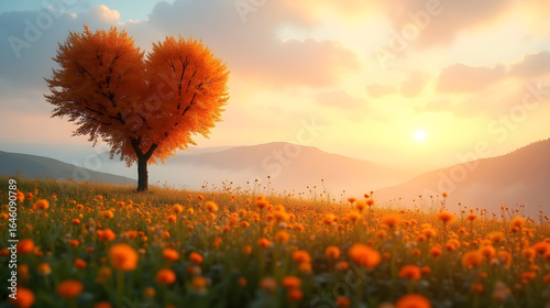 Herzförmiger Baum im goldenen Licht über Blumenfeld - Wallpaper Design - Harmonisches Hintergrundbild