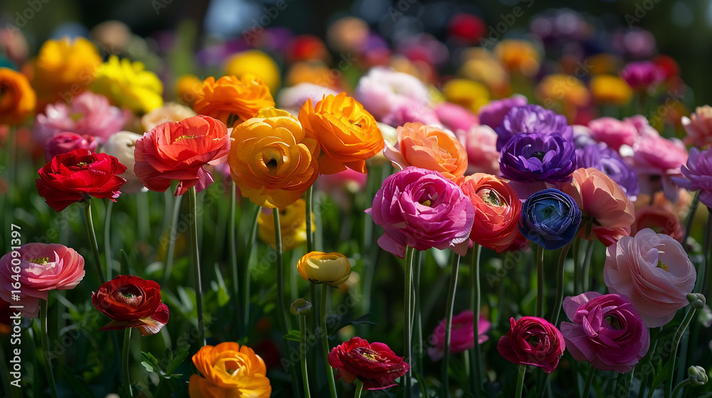Fototapeta premium A rainbow of ranunculus flowers in a lush garden