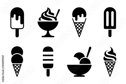 Ice cream icons set showing various delicious styles including cones, cups, and popsicle treats