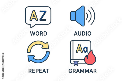 Language learning icons: word, audio, repeat, grammar illustrations